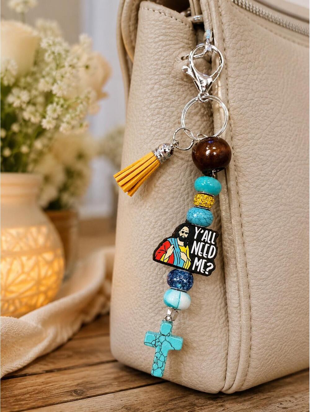 488 New Handcrafted Beaded Y'all Need Me Jesus Keychain Bag Charm R0000488